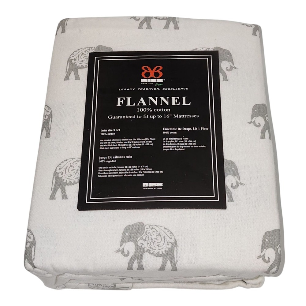 BIBB Home Twin Size Ivory Cotton Flannel Sheet Set of 3pc With Gray Elephants‎